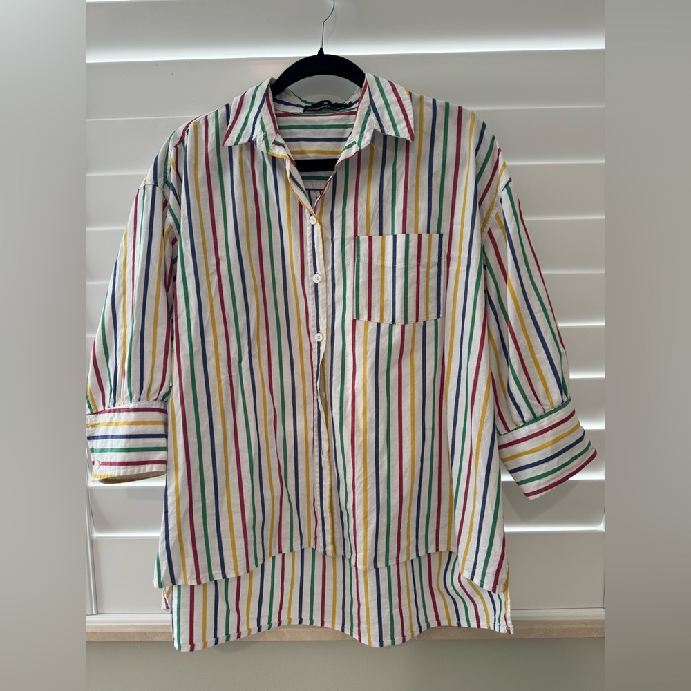 Pomander Place Adair boyfriend shirt sz L rainbow stripe